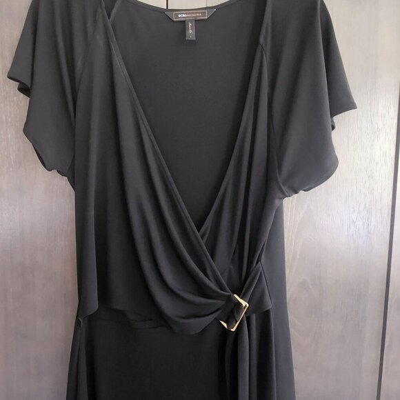 BCBG MAX AZRIA Black Faux Wrap Dress Belted Waist V-Neck Plunge & Short Sleeves - Picture 2 of 16